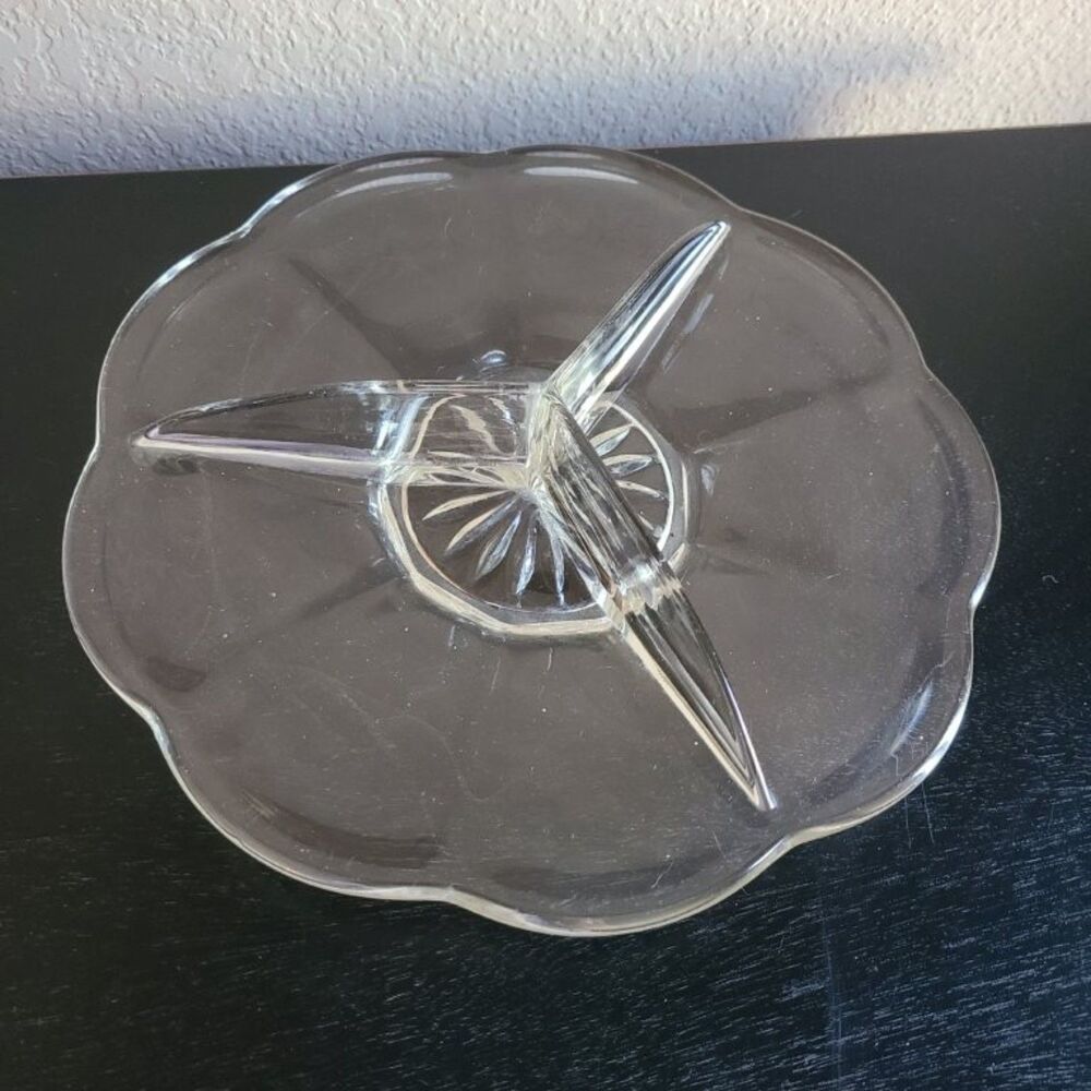 VTG Colonial Glass 3-Section Relish Dish 10" Round Scalloped Serving Starburst